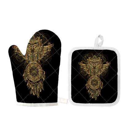 Spiritual Owl With Dreamcatcher Print Oven Mitt And Pot Holder Set