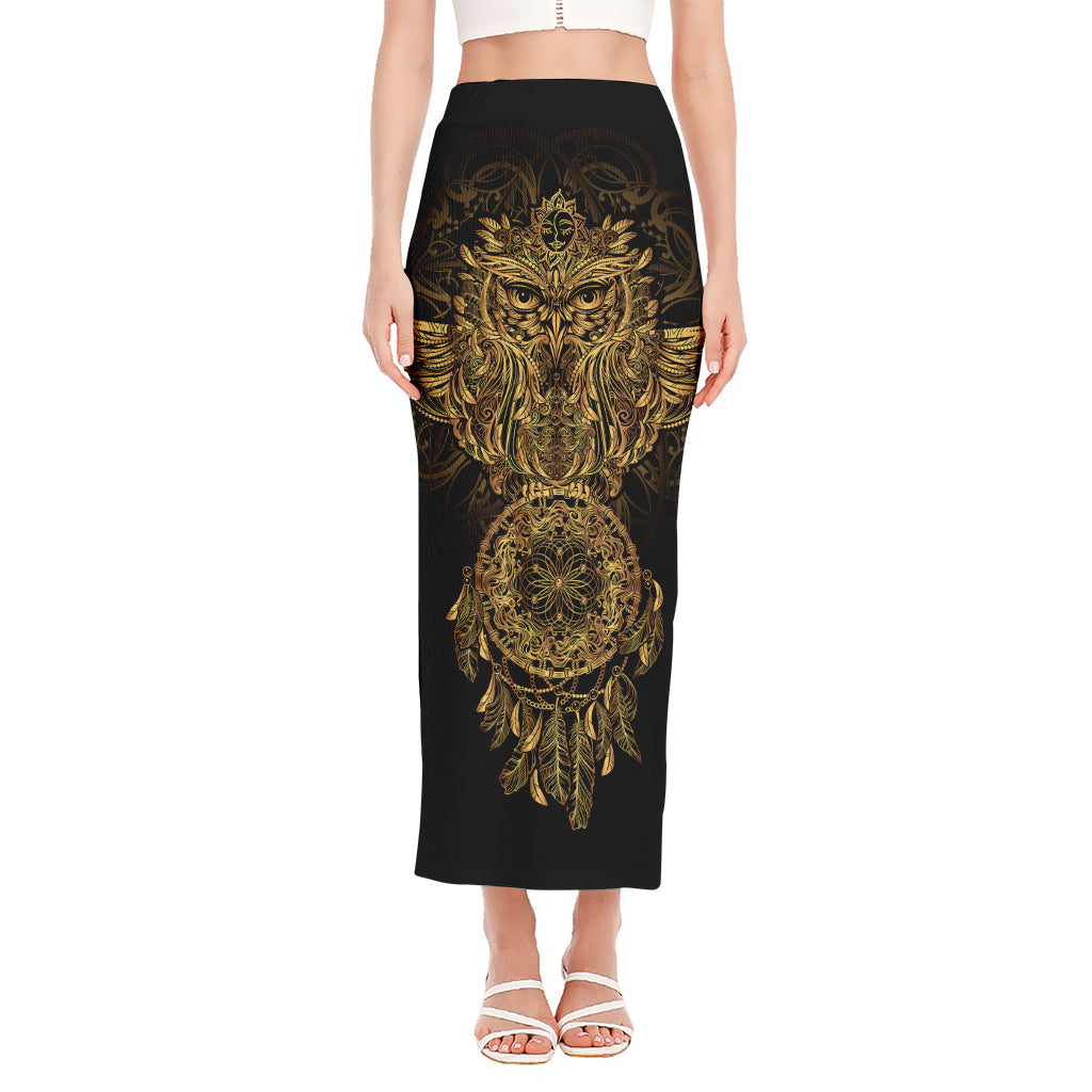 Spiritual Owl With Dreamcatcher Print Side Slit Maxi Skirt