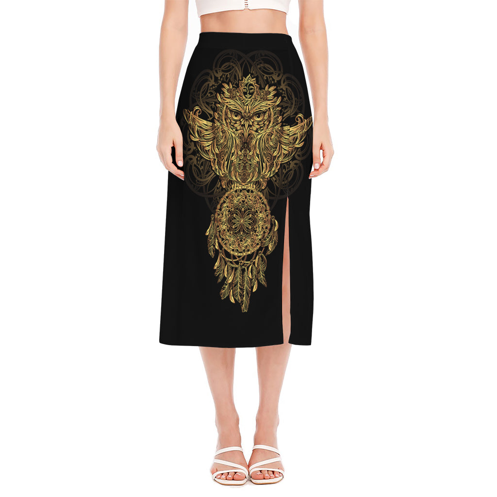 Spiritual Owl With Dreamcatcher Print Side Slit Midi Skirt