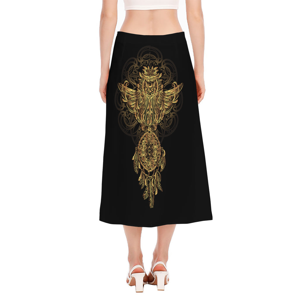 Spiritual Owl With Dreamcatcher Print Side Slit Midi Skirt