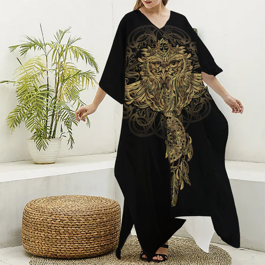 Spiritual Owl With Dreamcatcher Print Silk V-Neck Kaftan Dress