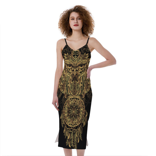 Spiritual Owl With Dreamcatcher Print Slim Fit Midi Cami Dress