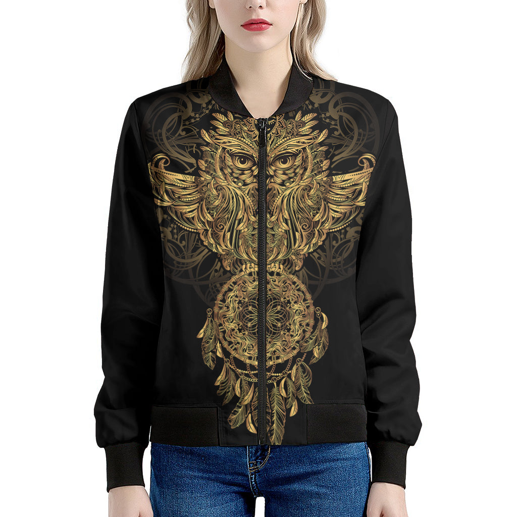 Spiritual Owl With Dreamcatcher Print Women's Bomber Jacket