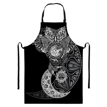 Spiritual Owl With Sun And Moon Print Bib Apron With Pocket