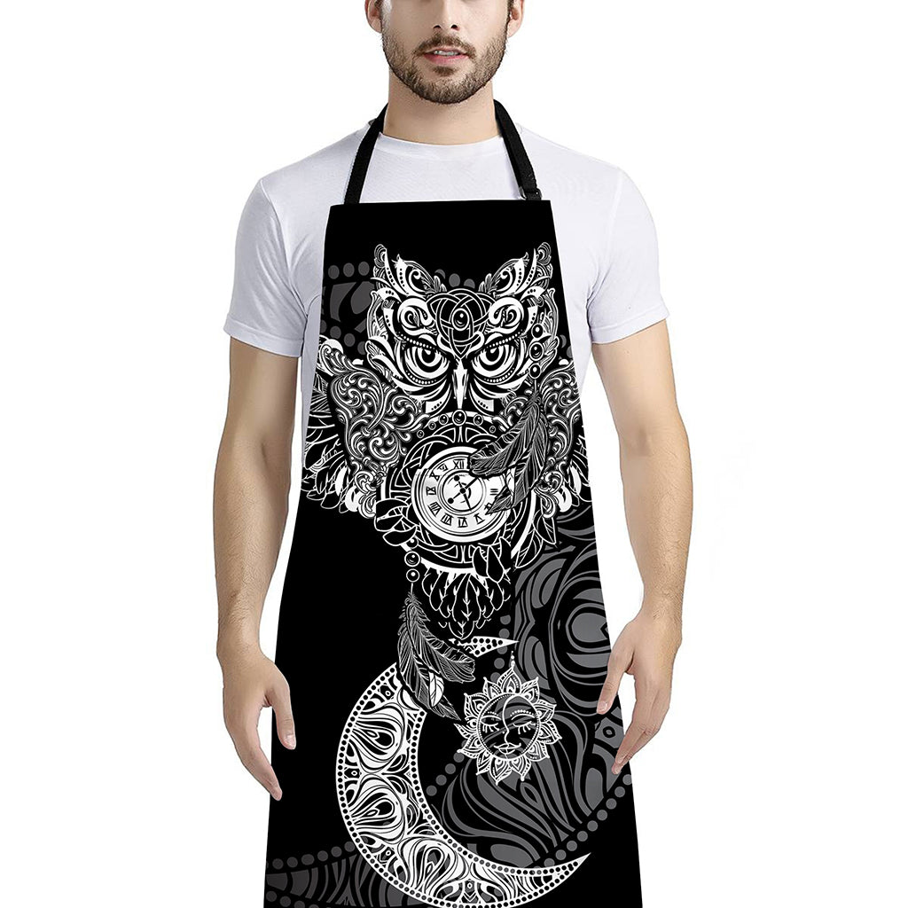 Spiritual Owl With Sun And Moon Print Bib Apron With Pocket