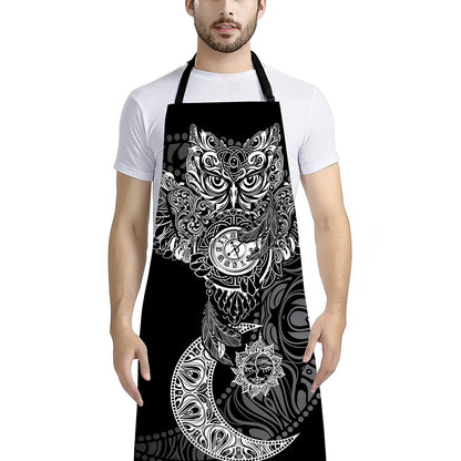 Spiritual Owl With Sun And Moon Print Bib Apron With Pocket