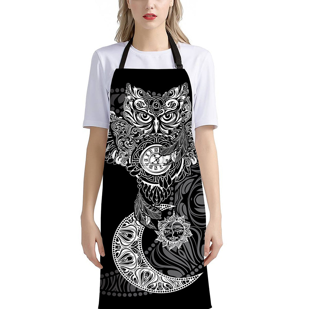 Spiritual Owl With Sun And Moon Print Bib Apron With Pocket