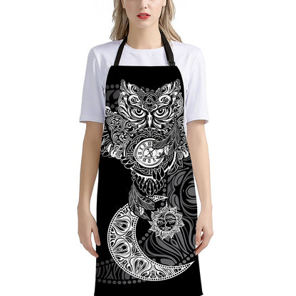Spiritual Owl With Sun And Moon Print Bib Apron With Pocket