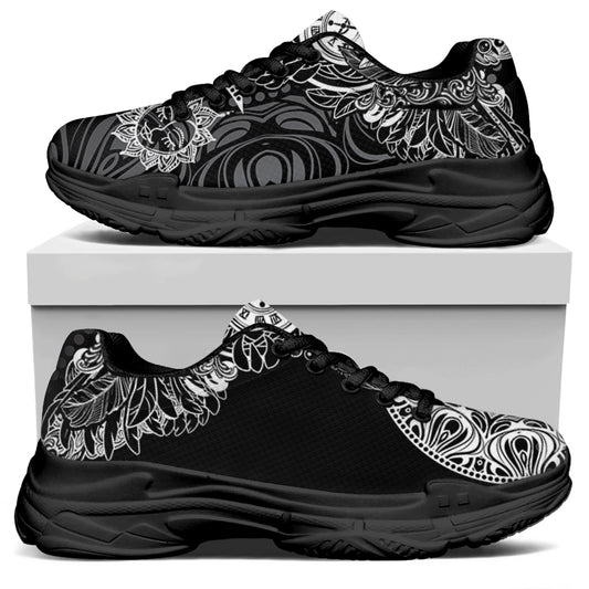 Spiritual Owl With Sun And Moon Print Black Chunky Shoes