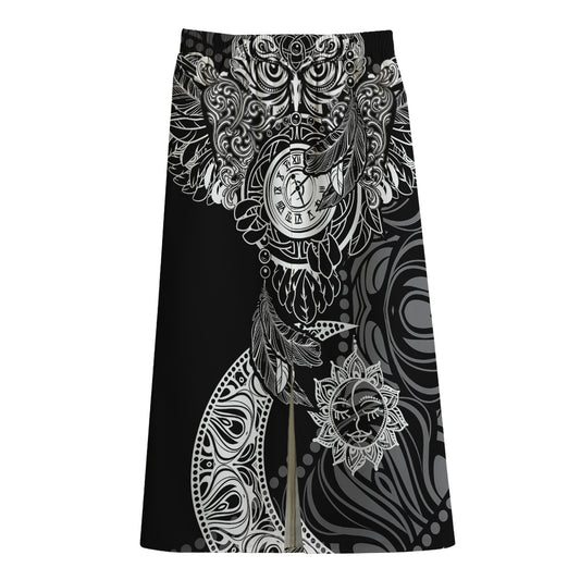 Spiritual Owl With Sun And Moon Print Cotton Front Slit Maxi Skirt