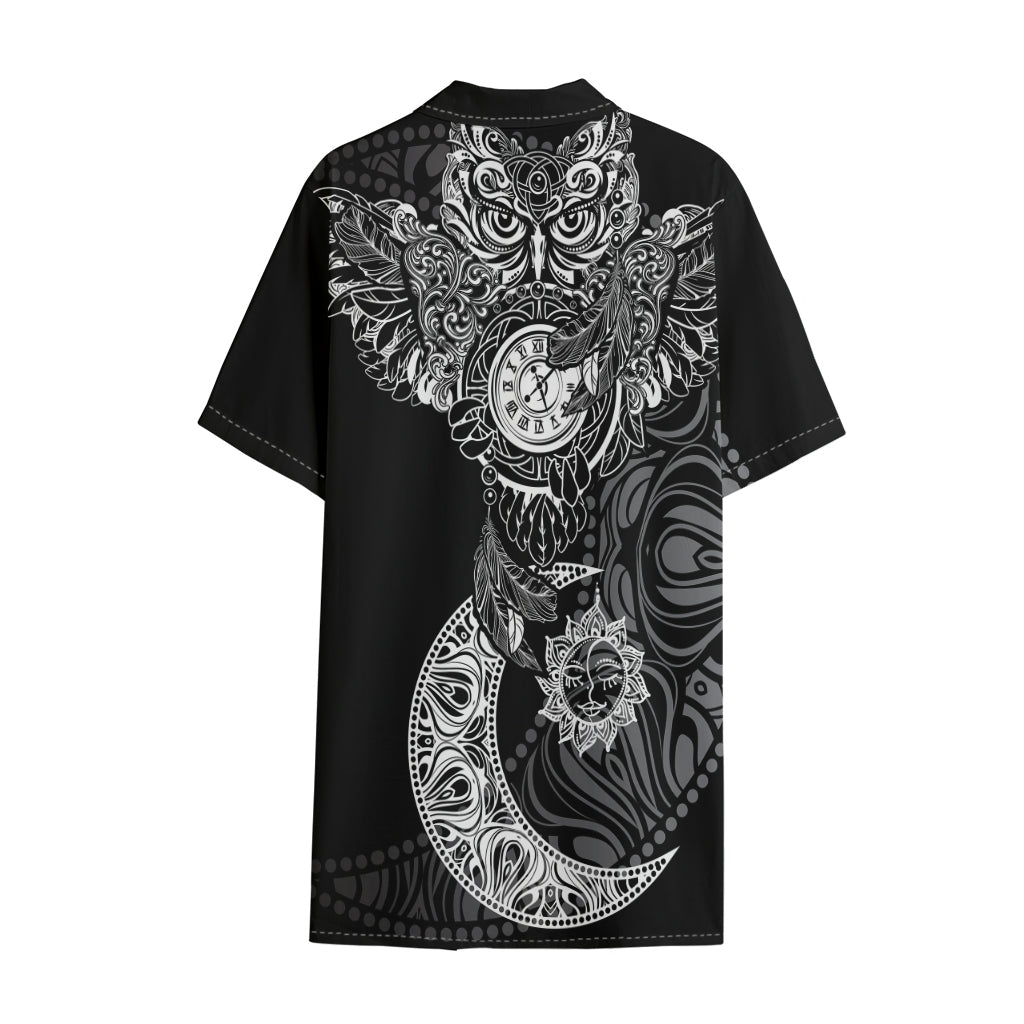 Spiritual Owl With Sun And Moon Print Cotton Hawaiian Shirt
