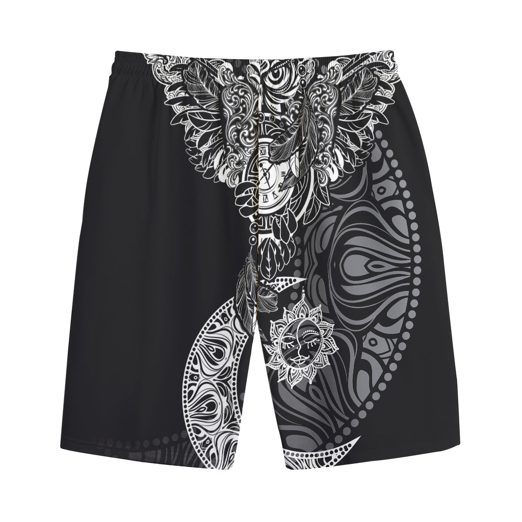 Spiritual Owl With Sun And Moon Print Cotton Shorts