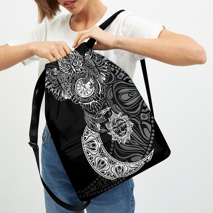 Spiritual Owl With Sun And Moon Print Drawstring Backpack