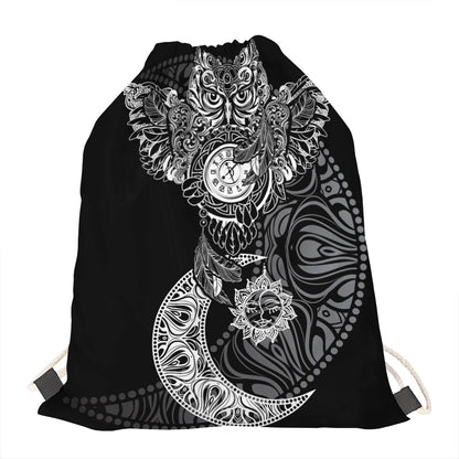 Spiritual Owl With Sun And Moon Print Drawstring Bag