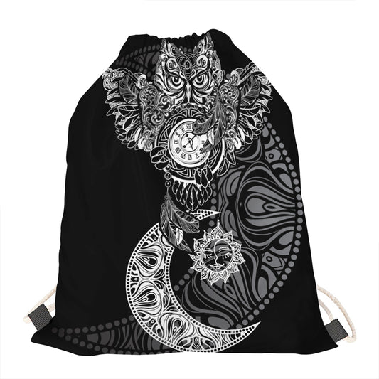 Spiritual Owl With Sun And Moon Print Drawstring Bag