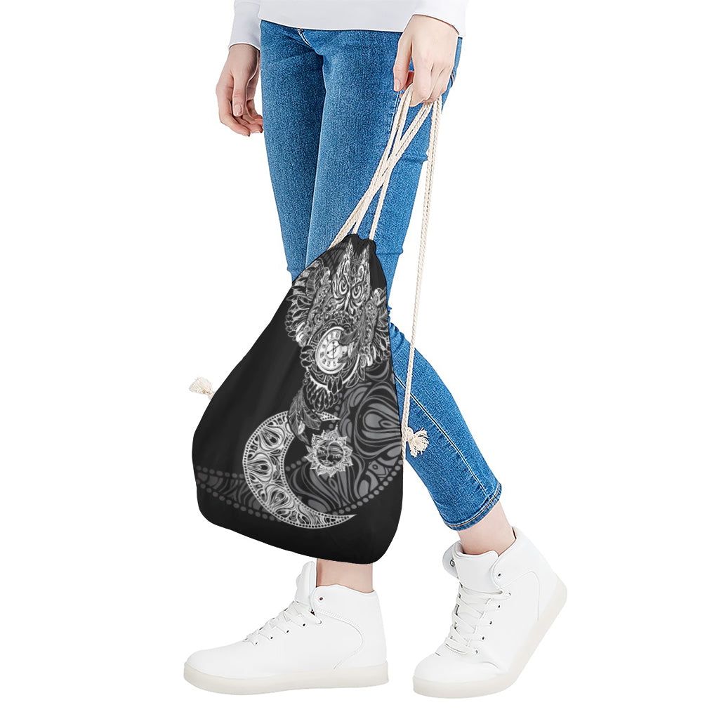 Spiritual Owl With Sun And Moon Print Drawstring Bag