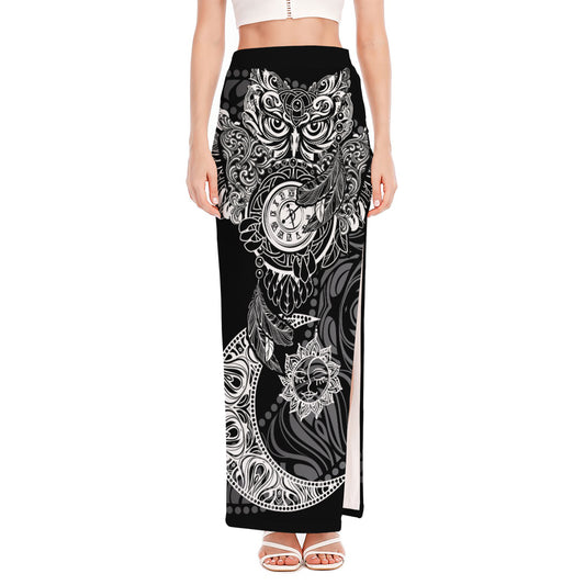 Spiritual Owl With Sun And Moon Print High Slit Maxi Skirt