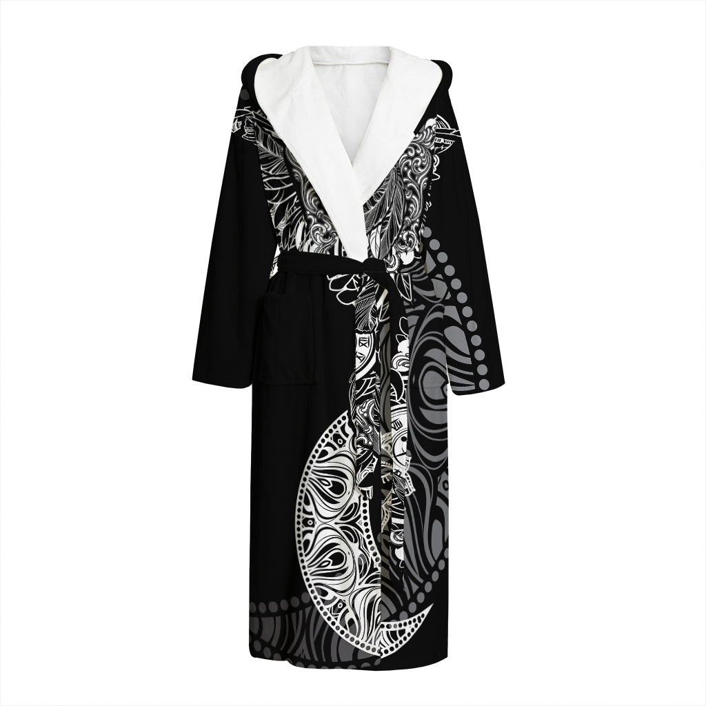 Spiritual Owl With Sun And Moon Print Hooded Bathrobe