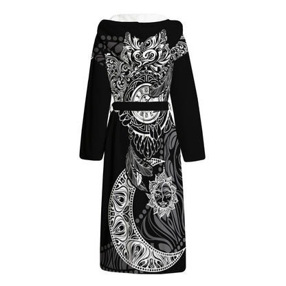 Spiritual Owl With Sun And Moon Print Hooded Bathrobe
