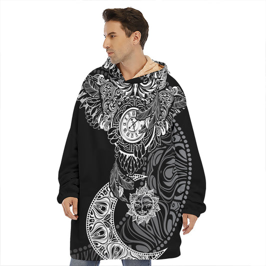 Spiritual Owl With Sun And Moon Print Hoodie Blanket