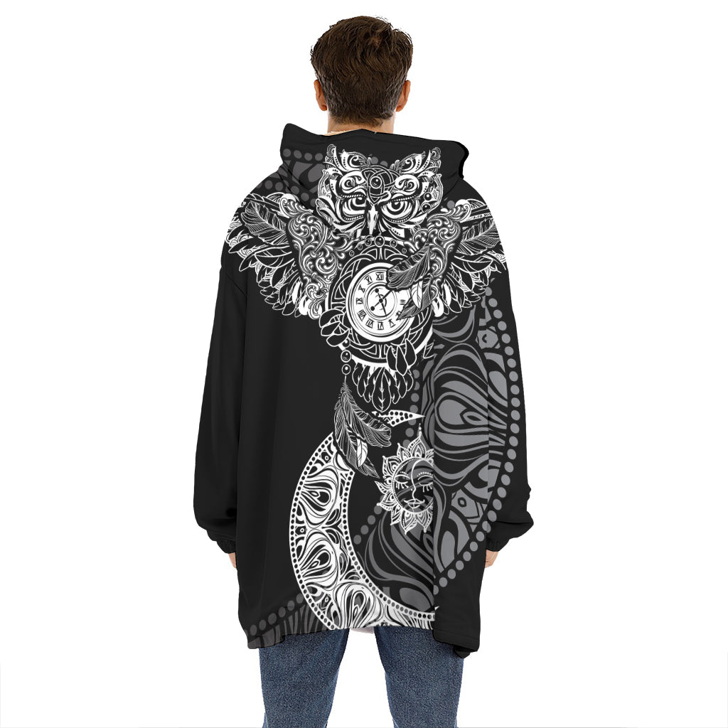 Spiritual Owl With Sun And Moon Print Hoodie Blanket