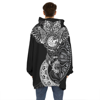 Spiritual Owl With Sun And Moon Print Hoodie Blanket