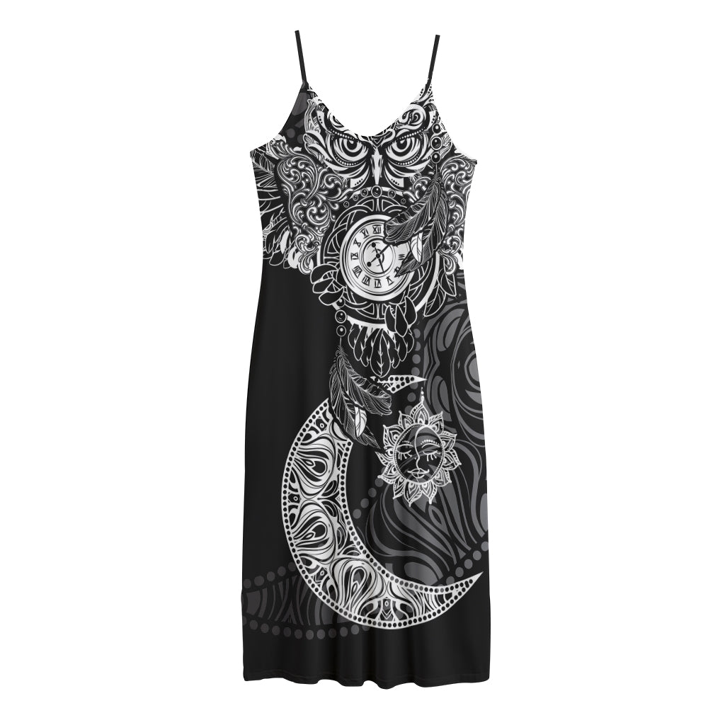 Spiritual Owl With Sun And Moon Print Jersey Midi Cami Dress