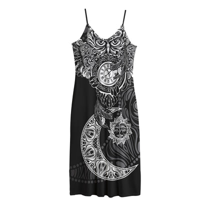 Spiritual Owl With Sun And Moon Print Jersey Midi Cami Dress
