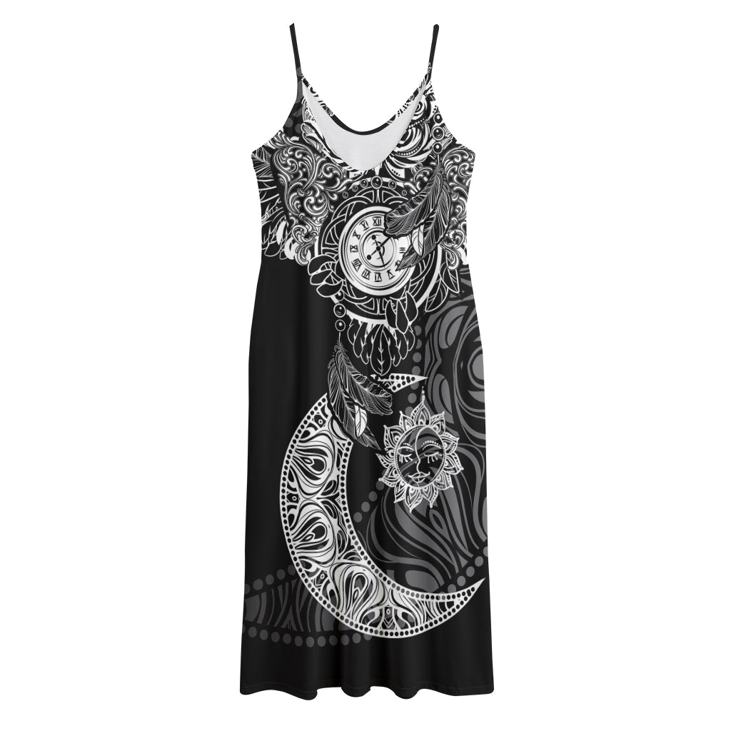 Spiritual Owl With Sun And Moon Print Jersey Midi Cami Dress