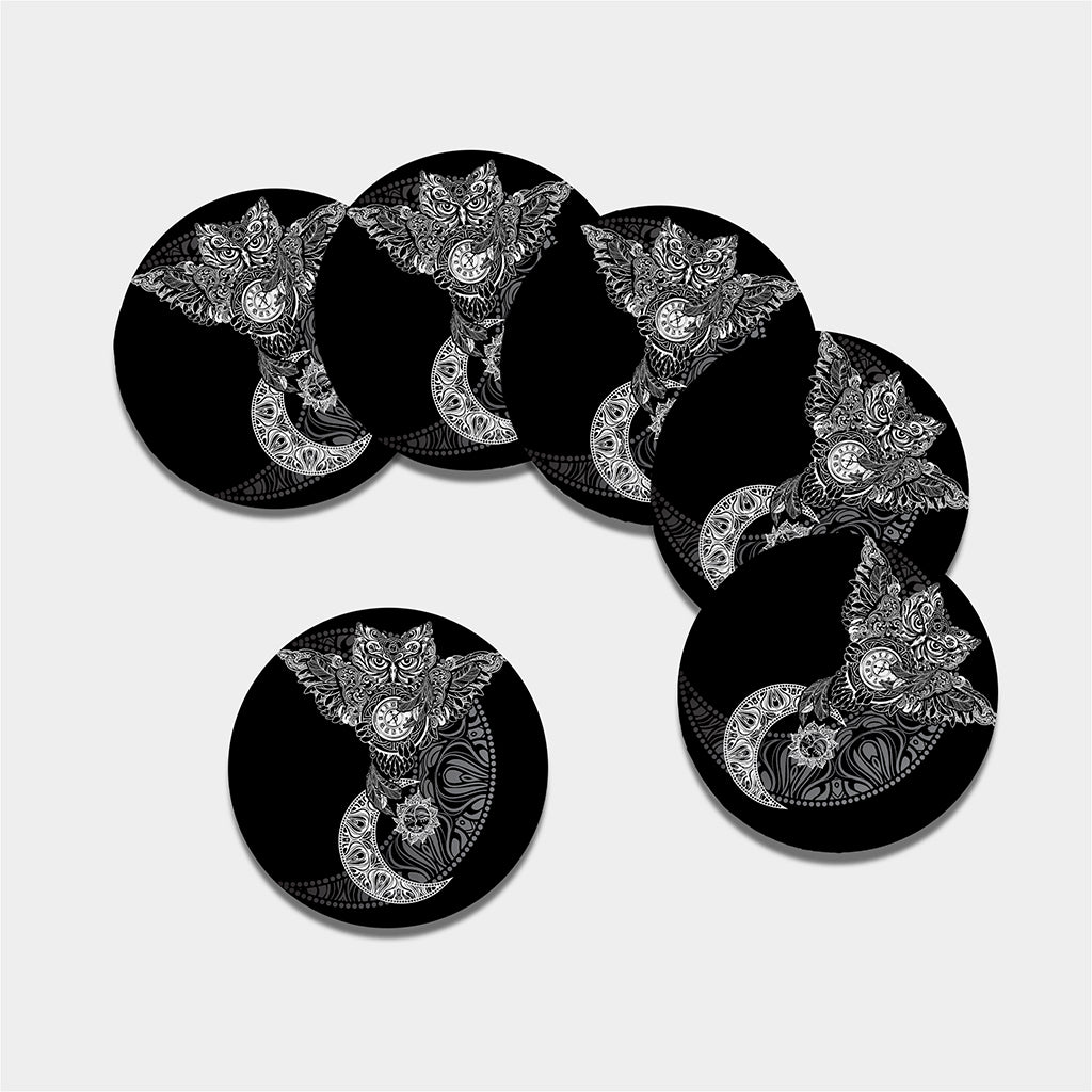 Spiritual Owl With Sun And Moon Print Leather Coaster Set