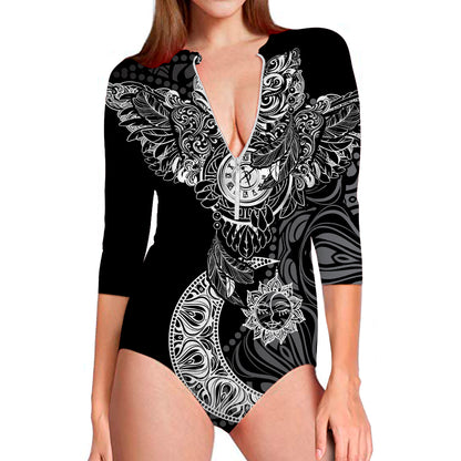 Spiritual Owl With Sun And Moon Print Long Sleeve Swimsuit