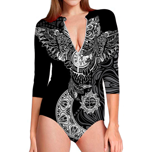 Spiritual Owl With Sun And Moon Print Long Sleeve Swimsuit
