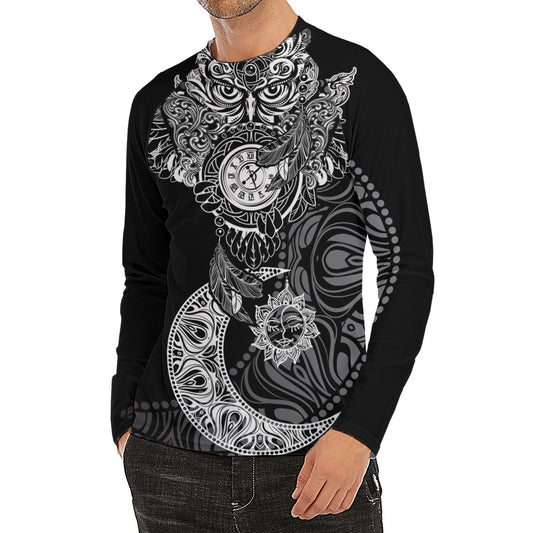 Spiritual Owl With Sun And Moon Print Men's Long Sleeve Rash Guard