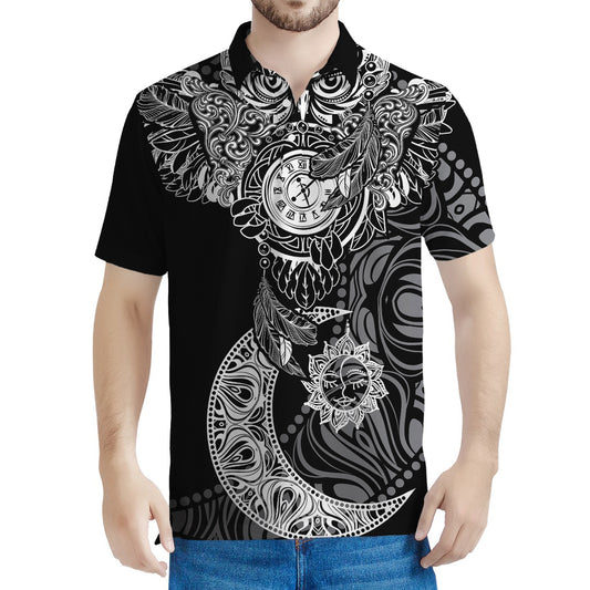 Spiritual Owl With Sun And Moon Print Men's Polo Shirt
