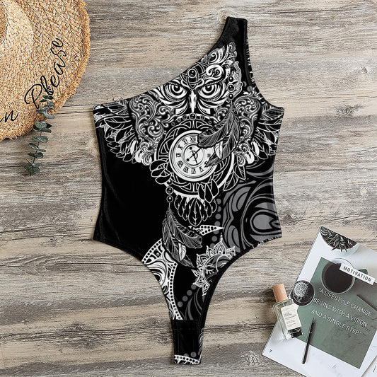 Spiritual Owl With Sun And Moon Print One Shoulder Bodysuit