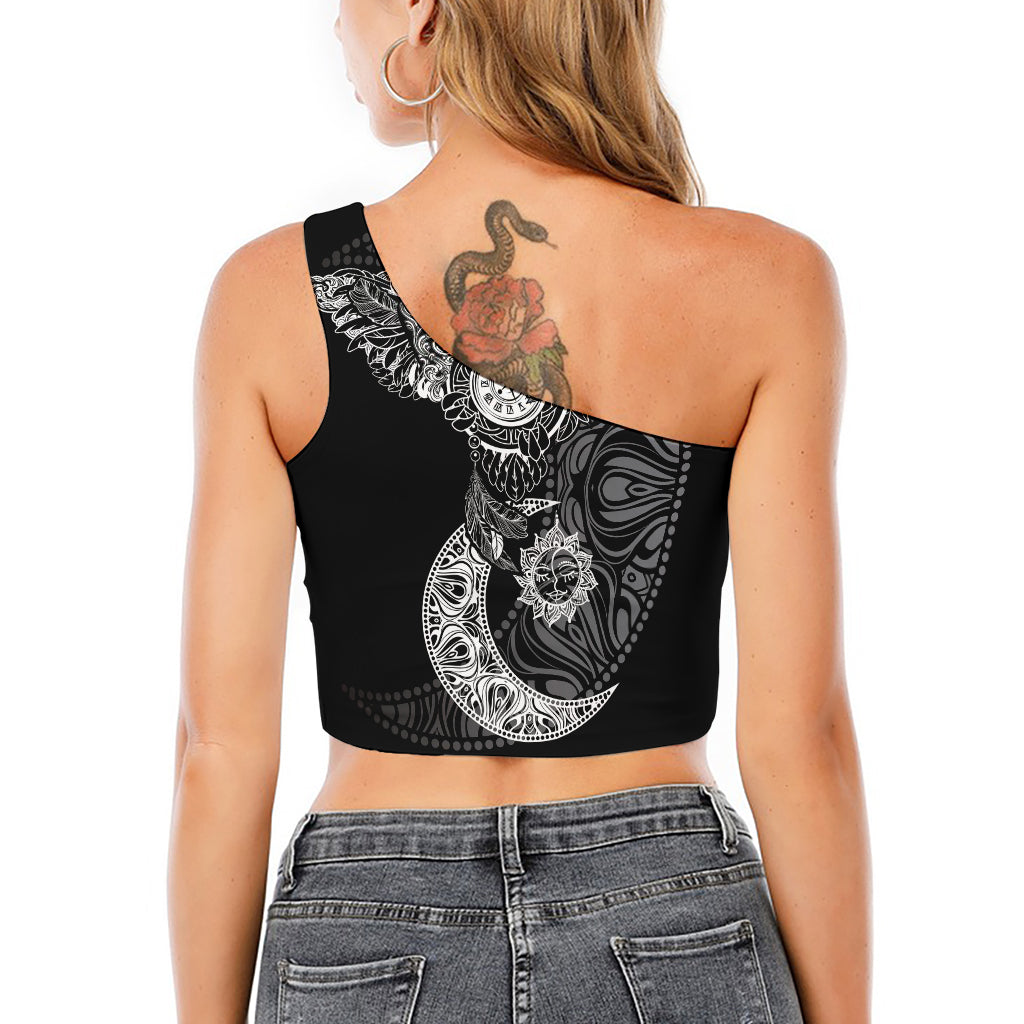 Spiritual Owl With Sun And Moon Print One Shoulder Crop Top