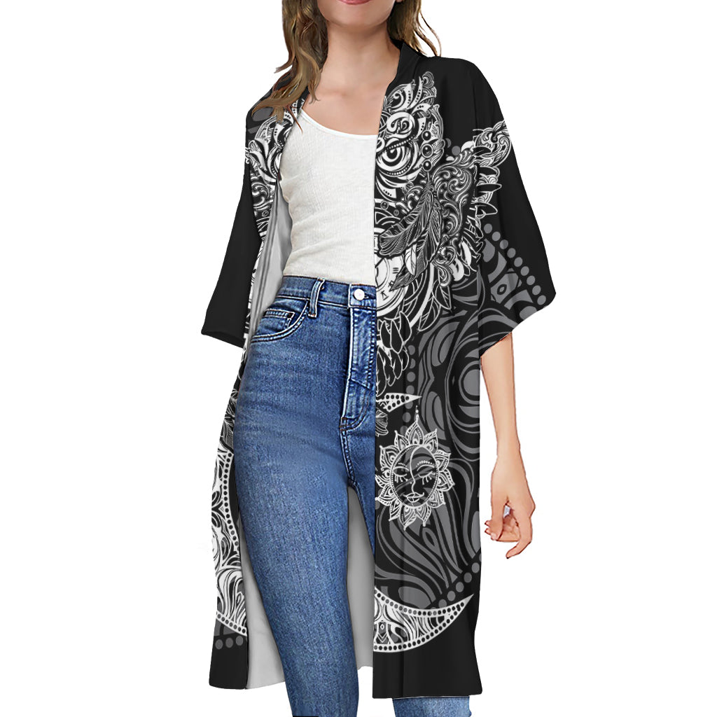 Spiritual Owl With Sun And Moon Print Open Front Beach Cover Up