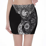 Spiritual Owl With Sun And Moon Print Pencil Mini Skirt