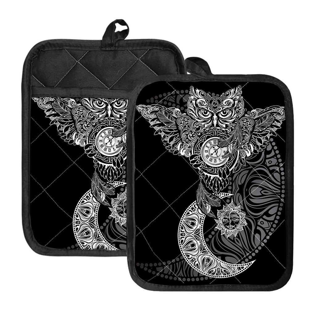 Spiritual Owl With Sun And Moon Print Pot Holders With Pocket