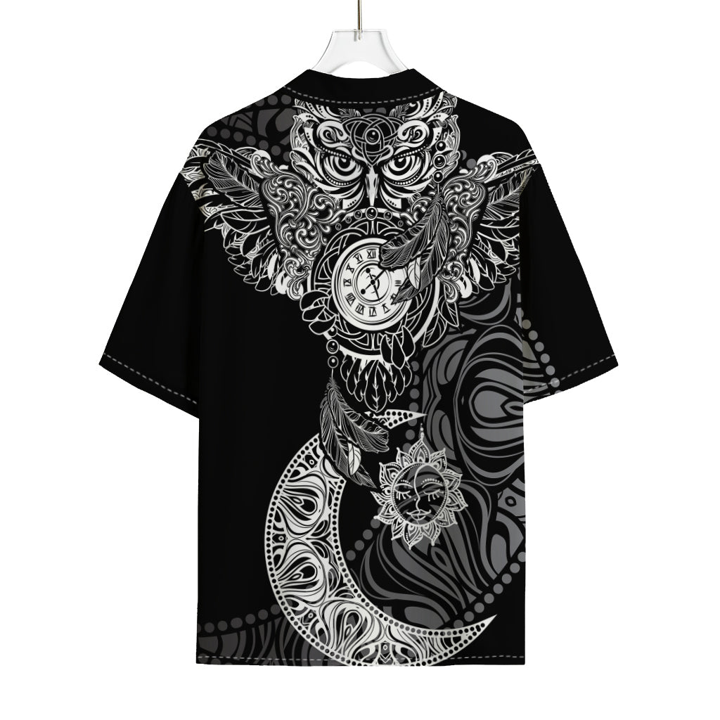 Spiritual Owl With Sun And Moon Print Rayon Hawaiian Shirt