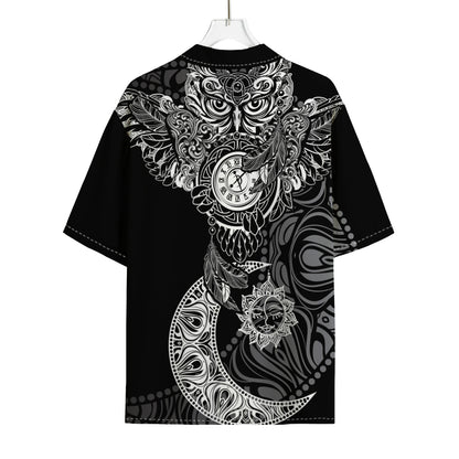 Spiritual Owl With Sun And Moon Print Rayon Hawaiian Shirt
