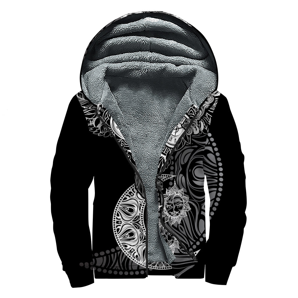 Spiritual Owl With Sun And Moon Print Sherpa Lined Zip Up Hoodie