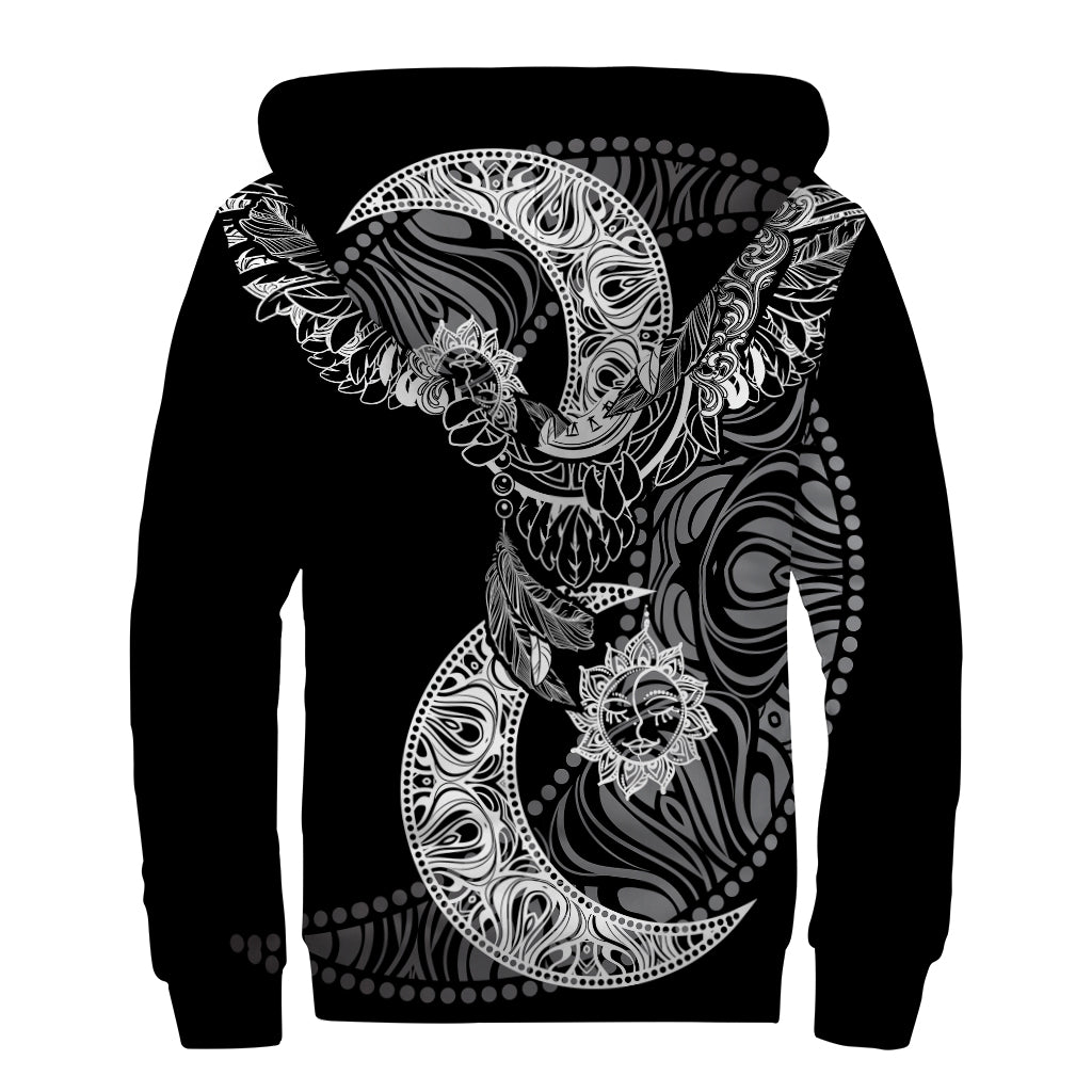 Spiritual Owl With Sun And Moon Print Sherpa Lined Zip Up Hoodie