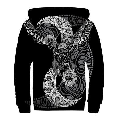 Spiritual Owl With Sun And Moon Print Sherpa Lined Zip Up Hoodie