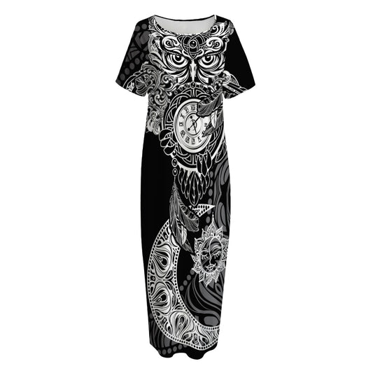 Spiritual Owl With Sun And Moon Print Short Sleeve Long Nightdress