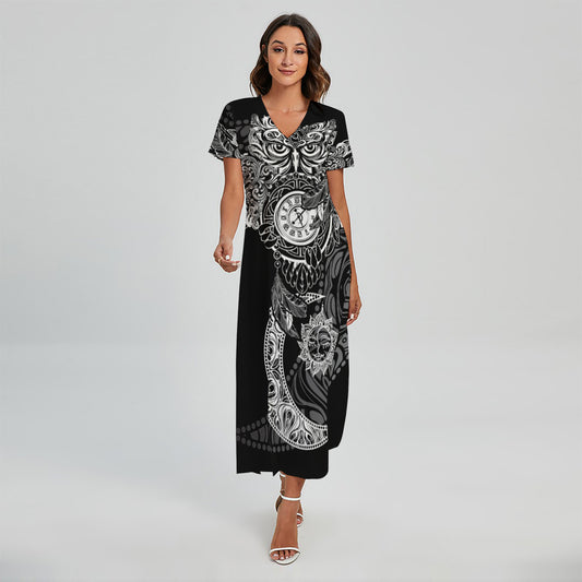 Spiritual Owl With Sun And Moon Print Short Sleeve Maxi Dress