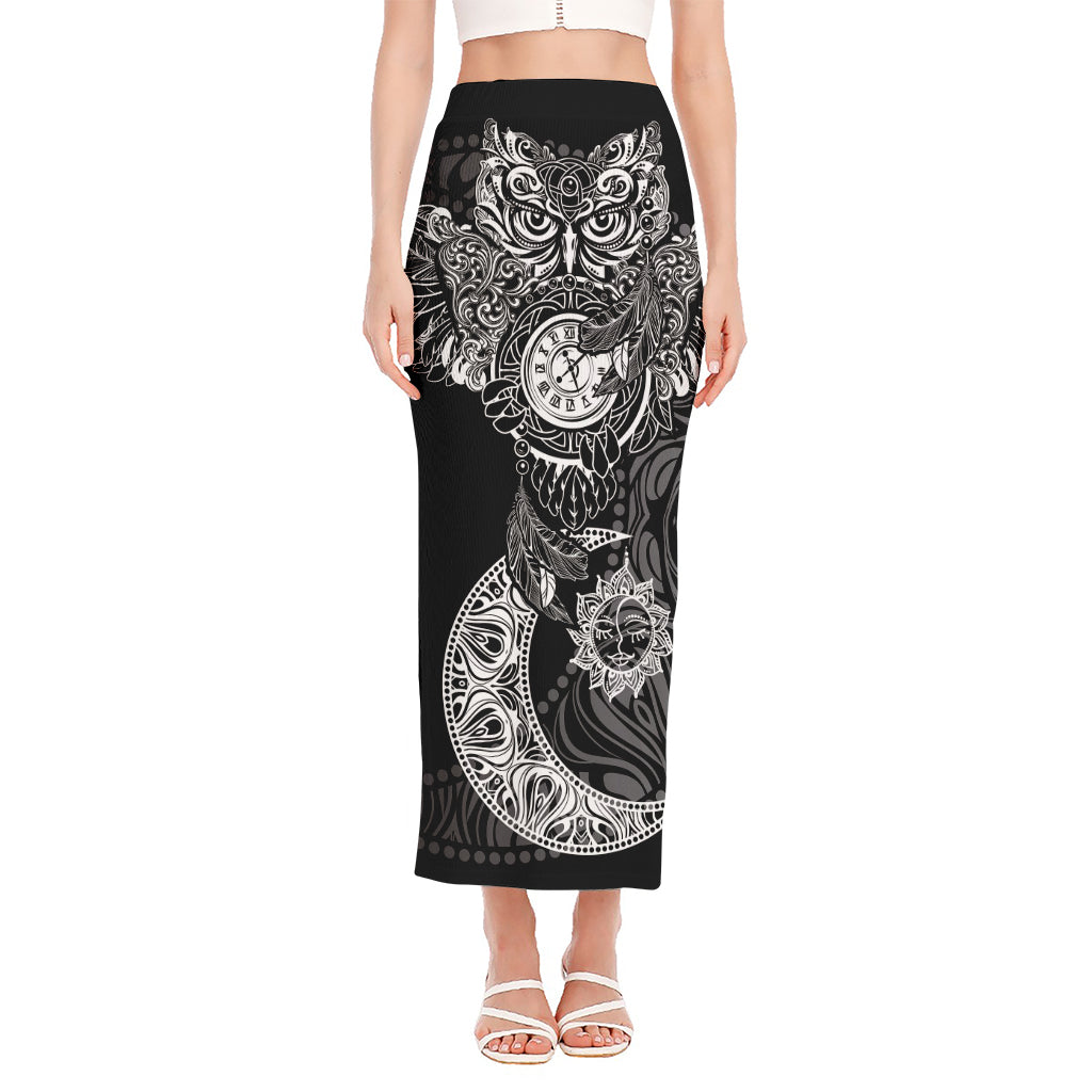 Spiritual Owl With Sun And Moon Print Side Slit Maxi Skirt