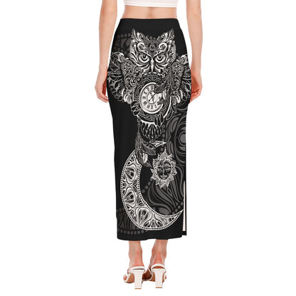 Spiritual Owl With Sun And Moon Print Side Slit Maxi Skirt
