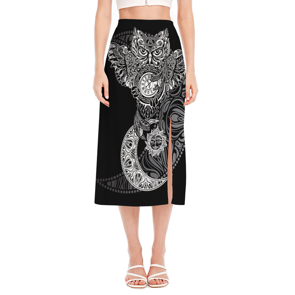Spiritual Owl With Sun And Moon Print Side Slit Midi Skirt