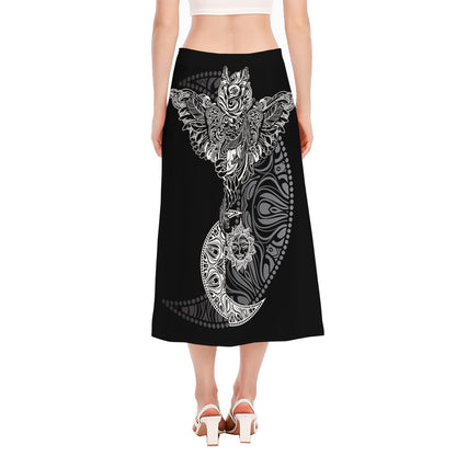Spiritual Owl With Sun And Moon Print Side Slit Midi Skirt